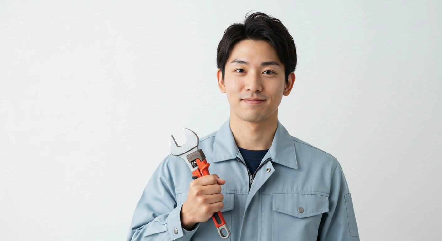 Man holds wrench, ready to work.
