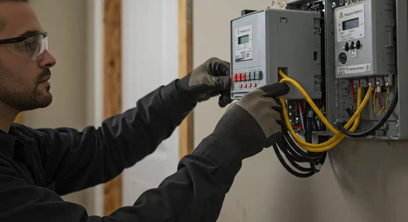 A person wearing a dark shirt and safety glasses is focused on installing a generator transfer switch.