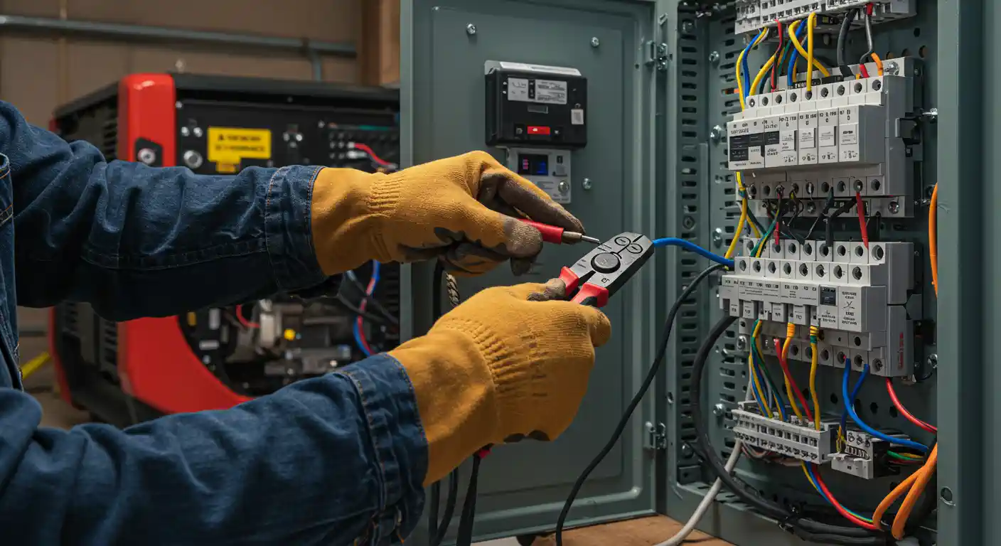 A pair of gloved hands is performing electrical work inside an open panel box.