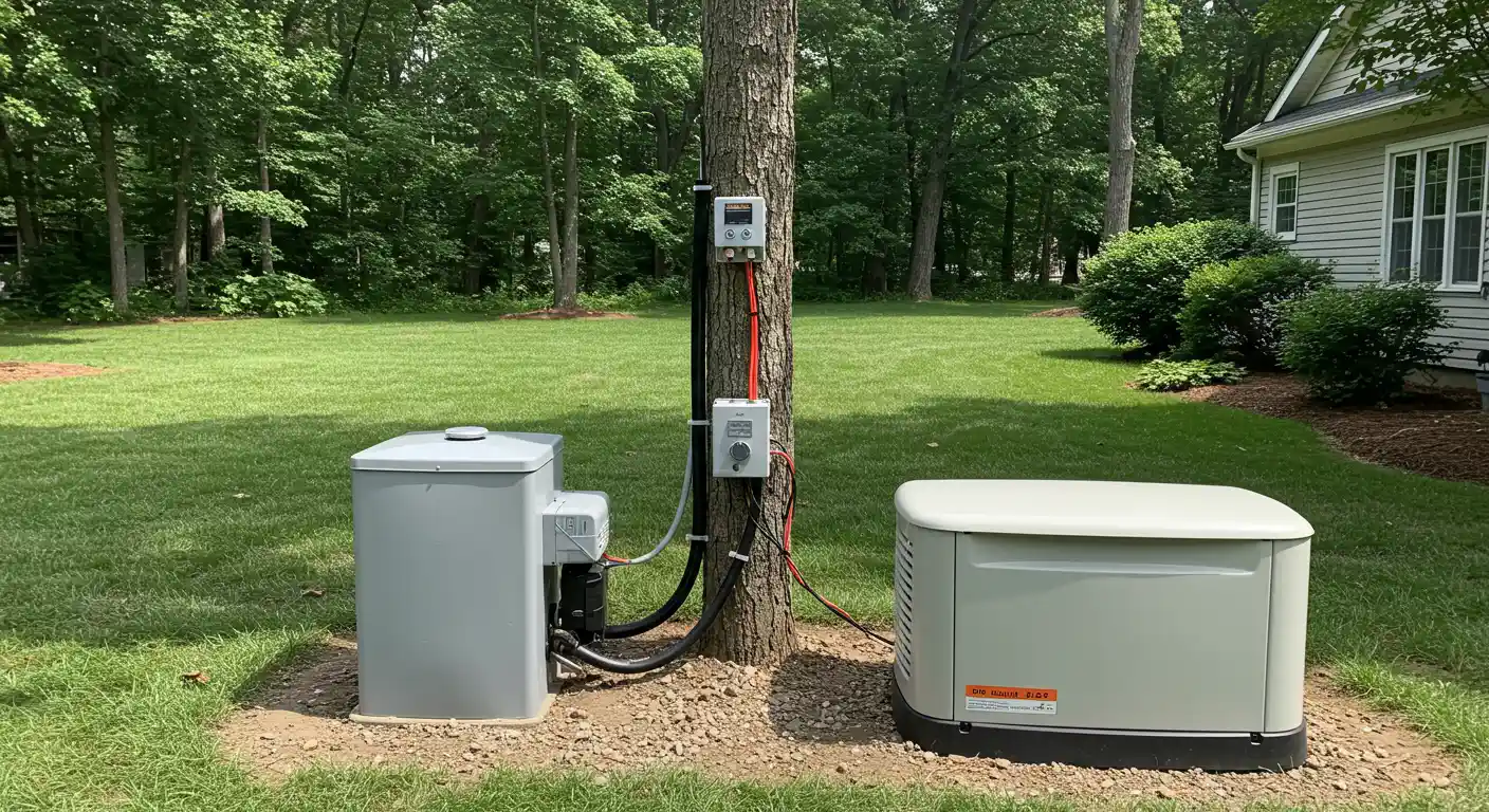 A gray residential air conditioner and a beige backup generator are installed on separate pads near a large tree in a grassy yard.