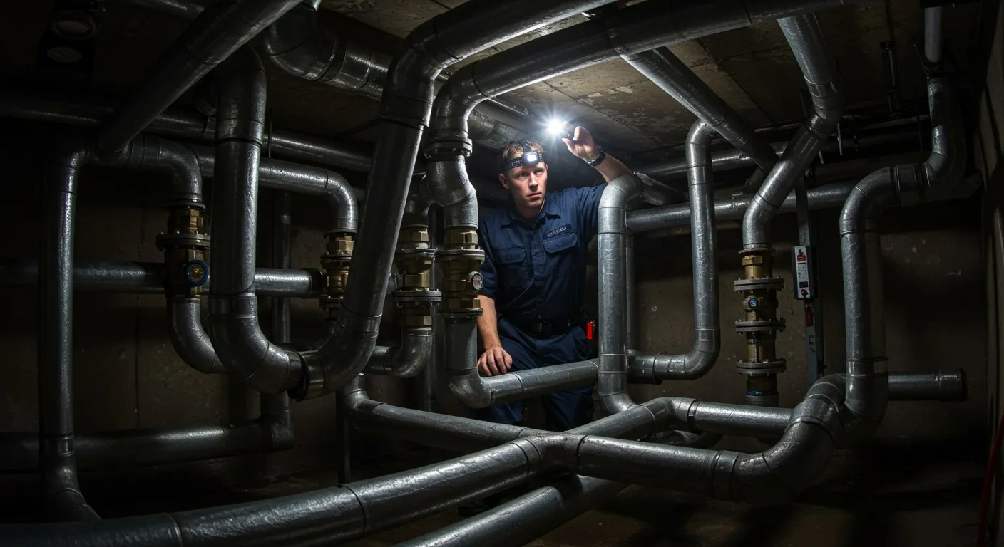 Man checking complex plumbing with flashlight.