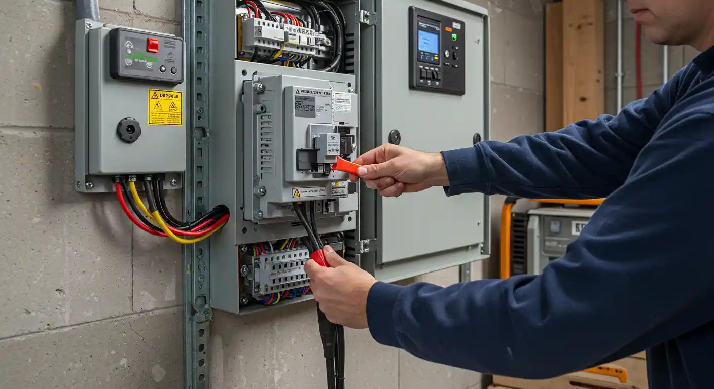 A close-up view shows a person wearing a dark blue shirt and using a red-handled tool to work on a large electrical transfer switch.