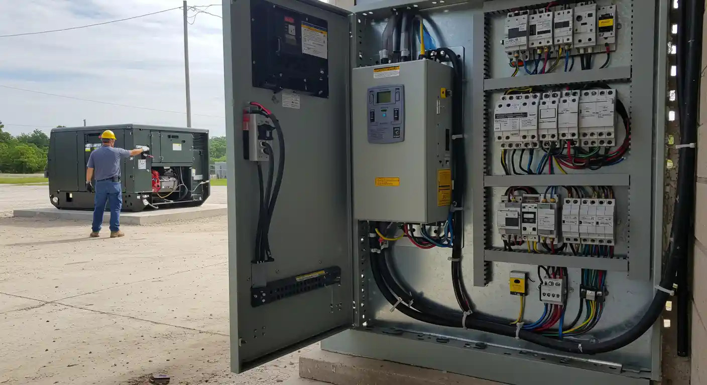 An open electrical panel, likely an automatic transfer switch, with a technician in a hard hat and blue jeans working near a large standby generator in the background.