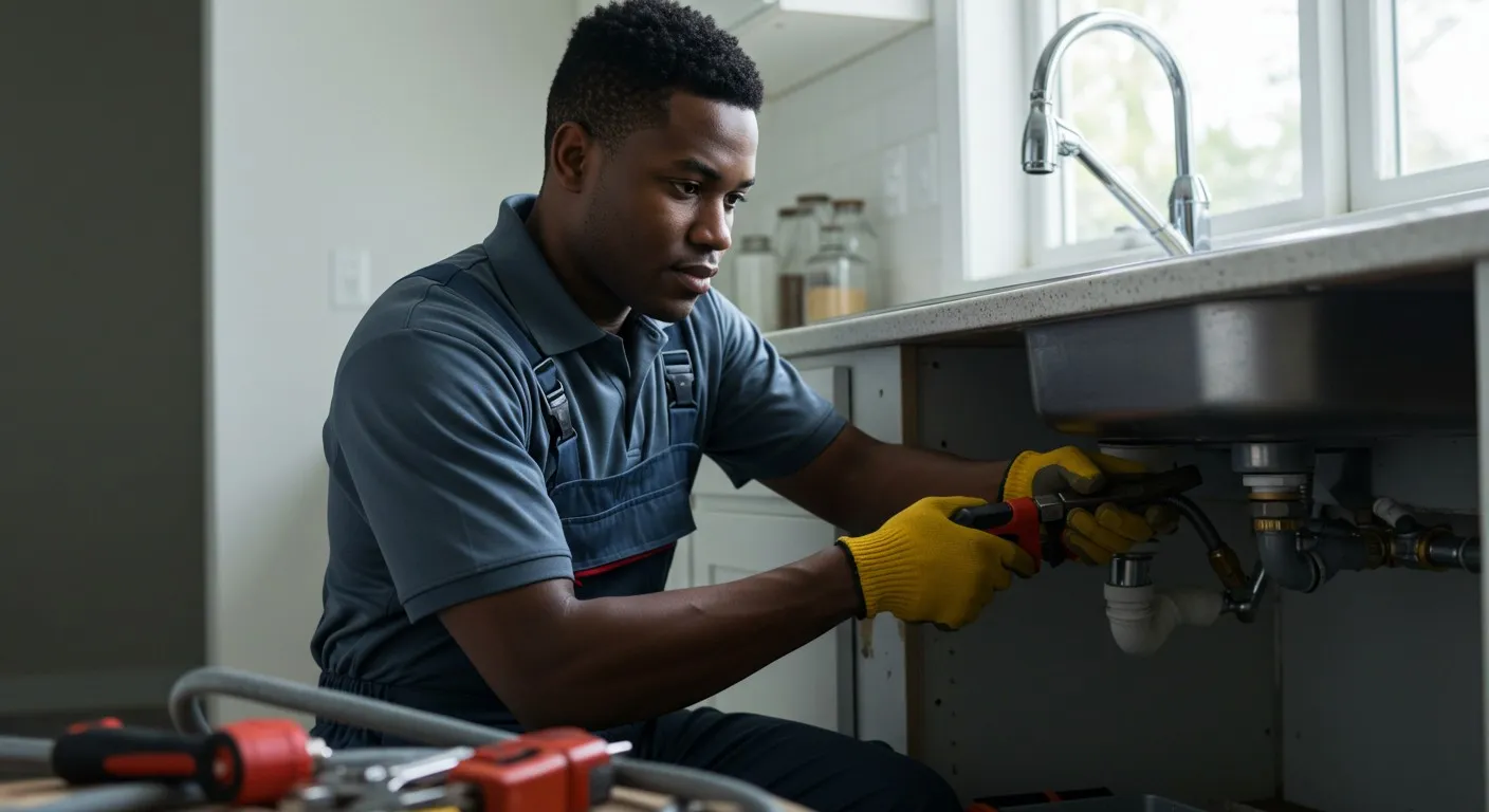 Man uses wrench to fix pipes.