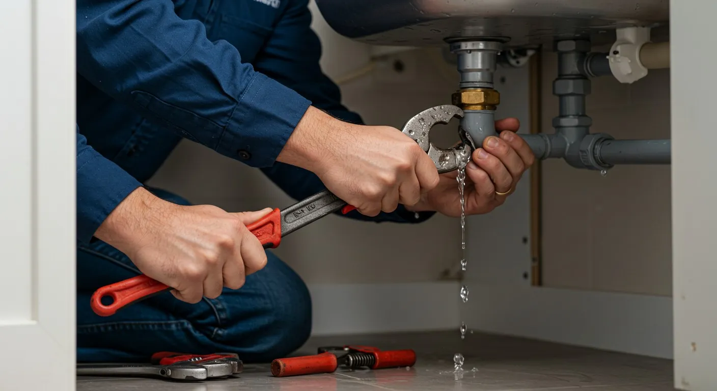 Man repairs a leaking sink pipe.