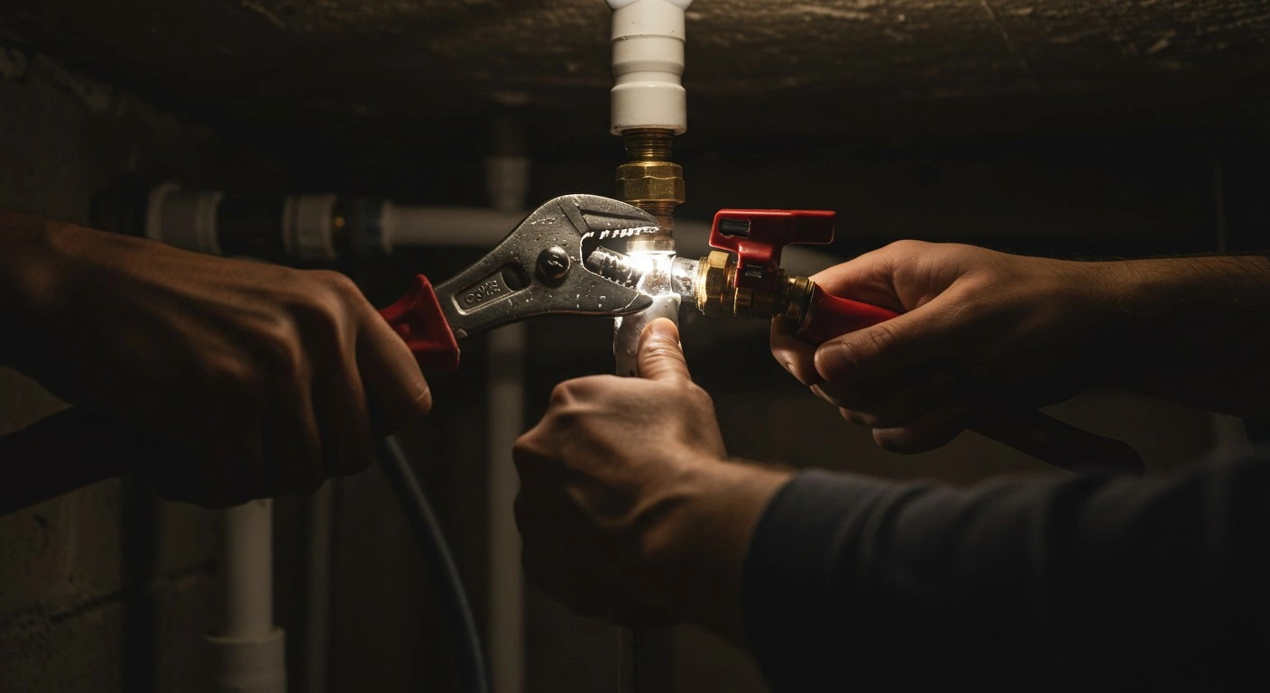 Men use wrenches on plumbing pipes.