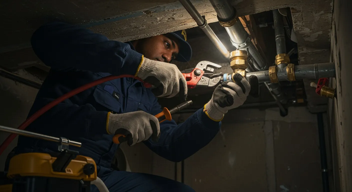 Man uses wrench on basement pipes.