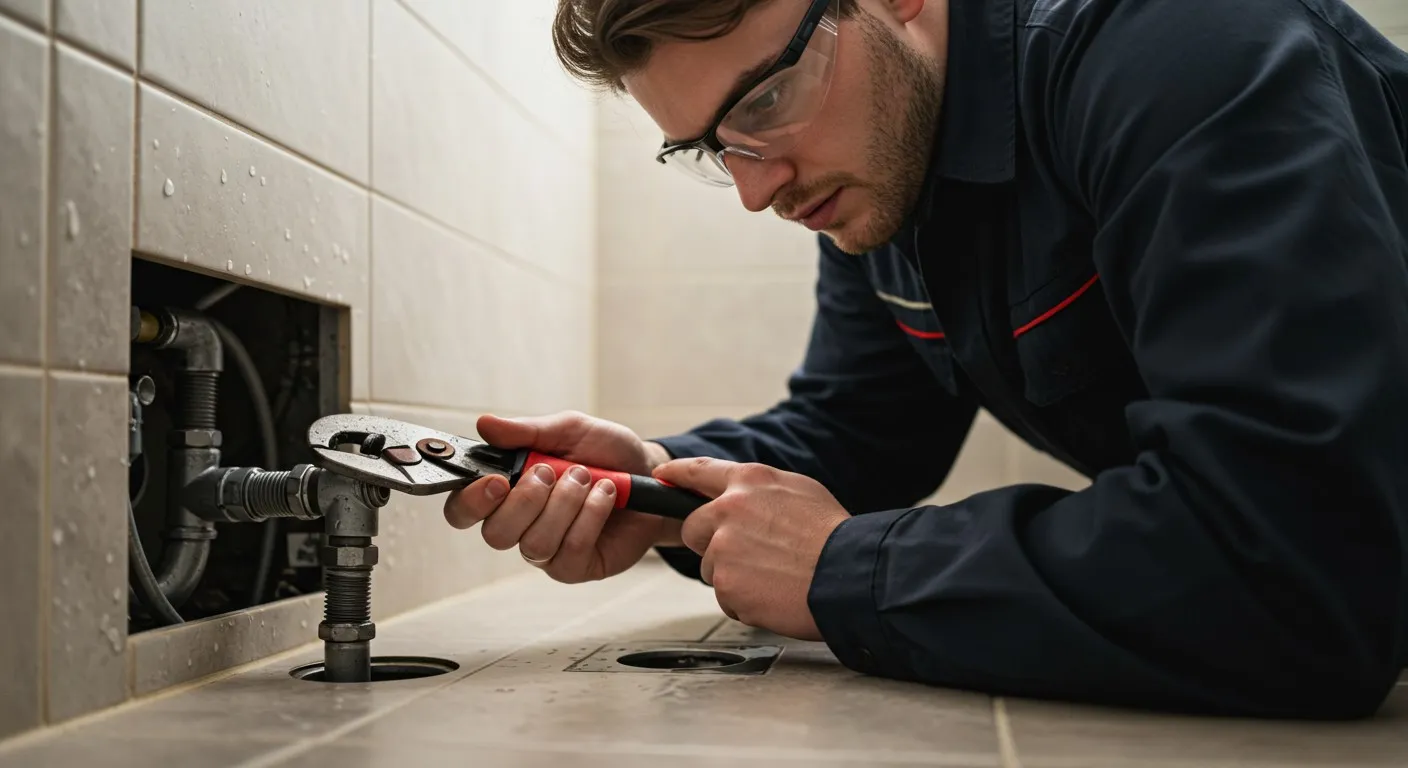 Man fixing bathroom plumbing with wrench.