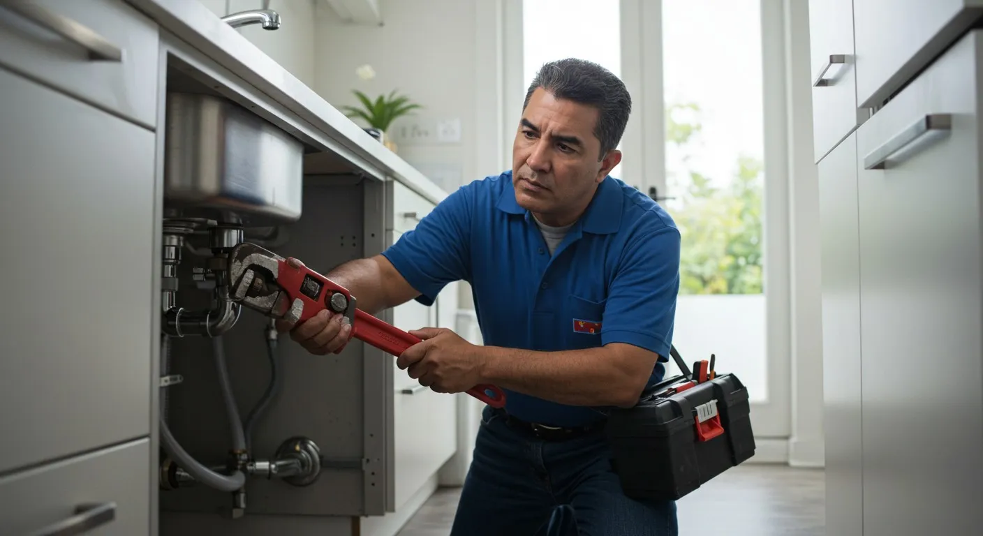 Man fixing sink pipes with wrench.