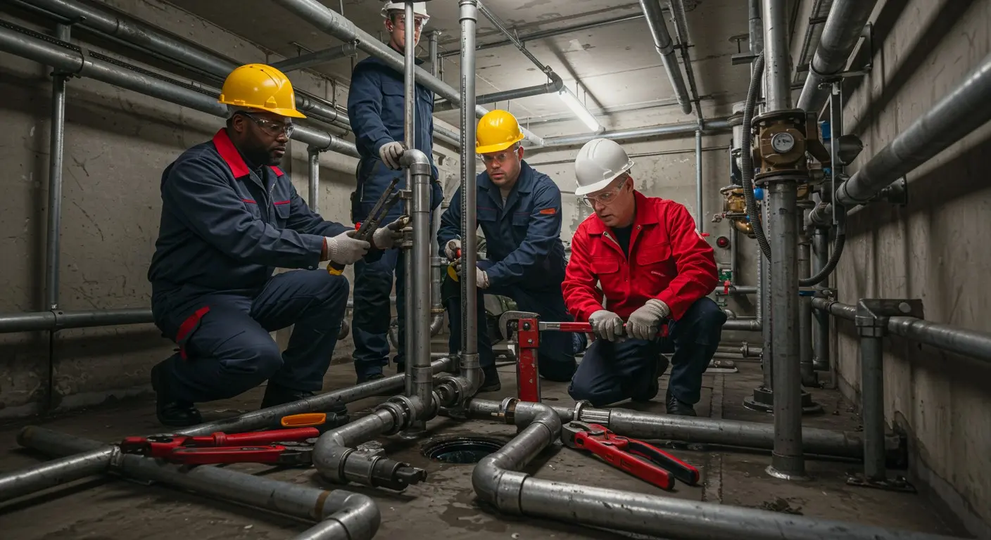 Four plumbers fixing pipes in basement.
