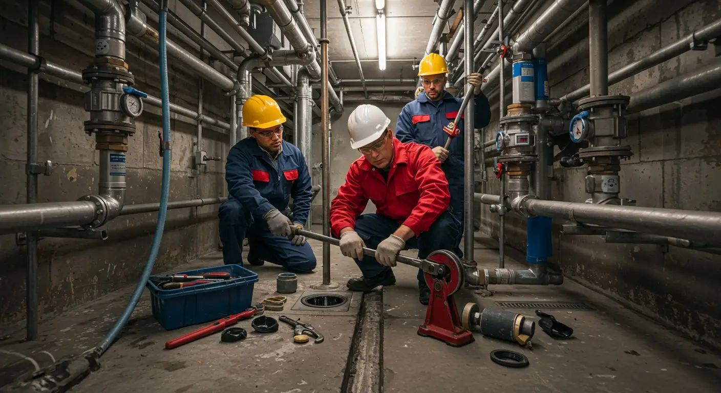 Three plumbers fixing pipes in basement.