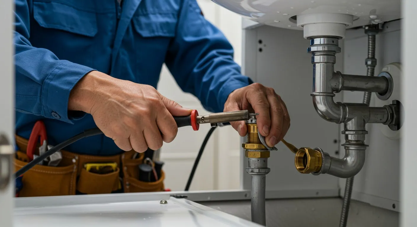 Man solders plumbing pipes under sink.