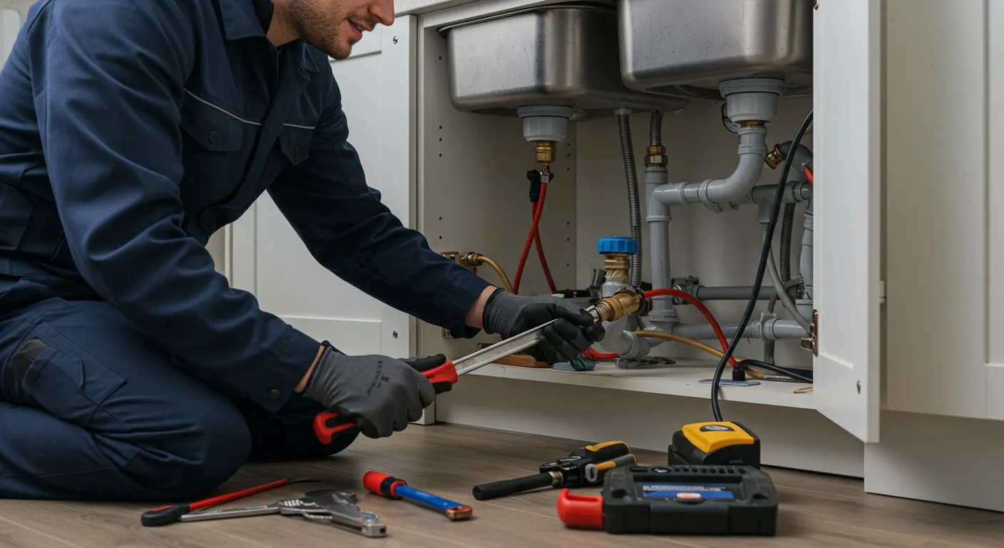 Man repairing pipes under kitchen sink.
