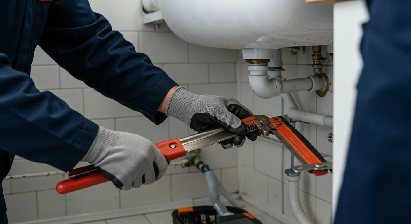 Man fixes pipes with a wrench.