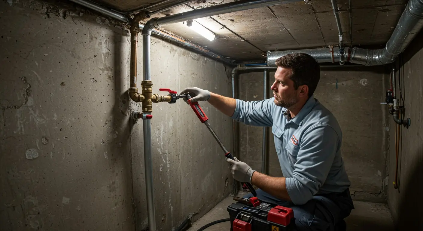 Man uses tool on basement pipes.