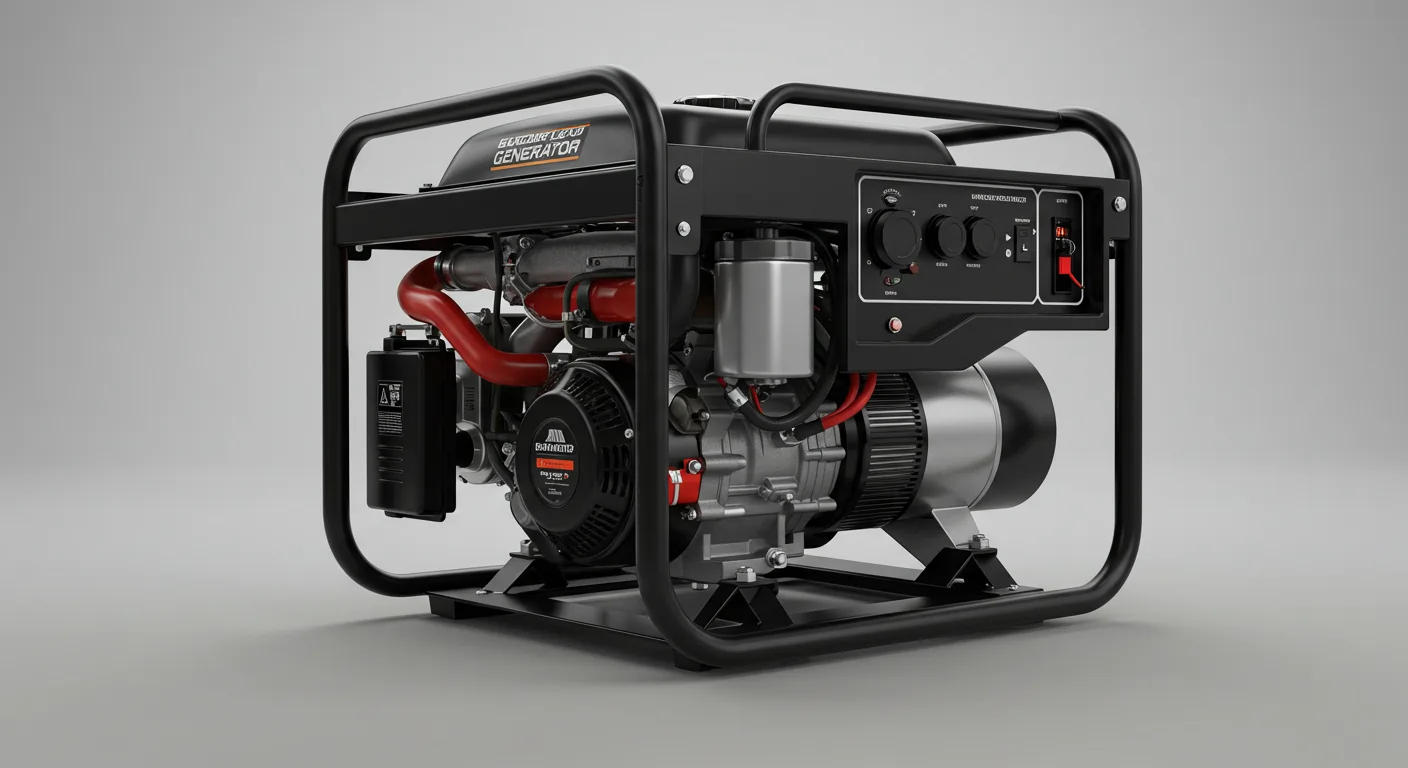A professional, three-quarter view of a portable generator with a black metal frame.