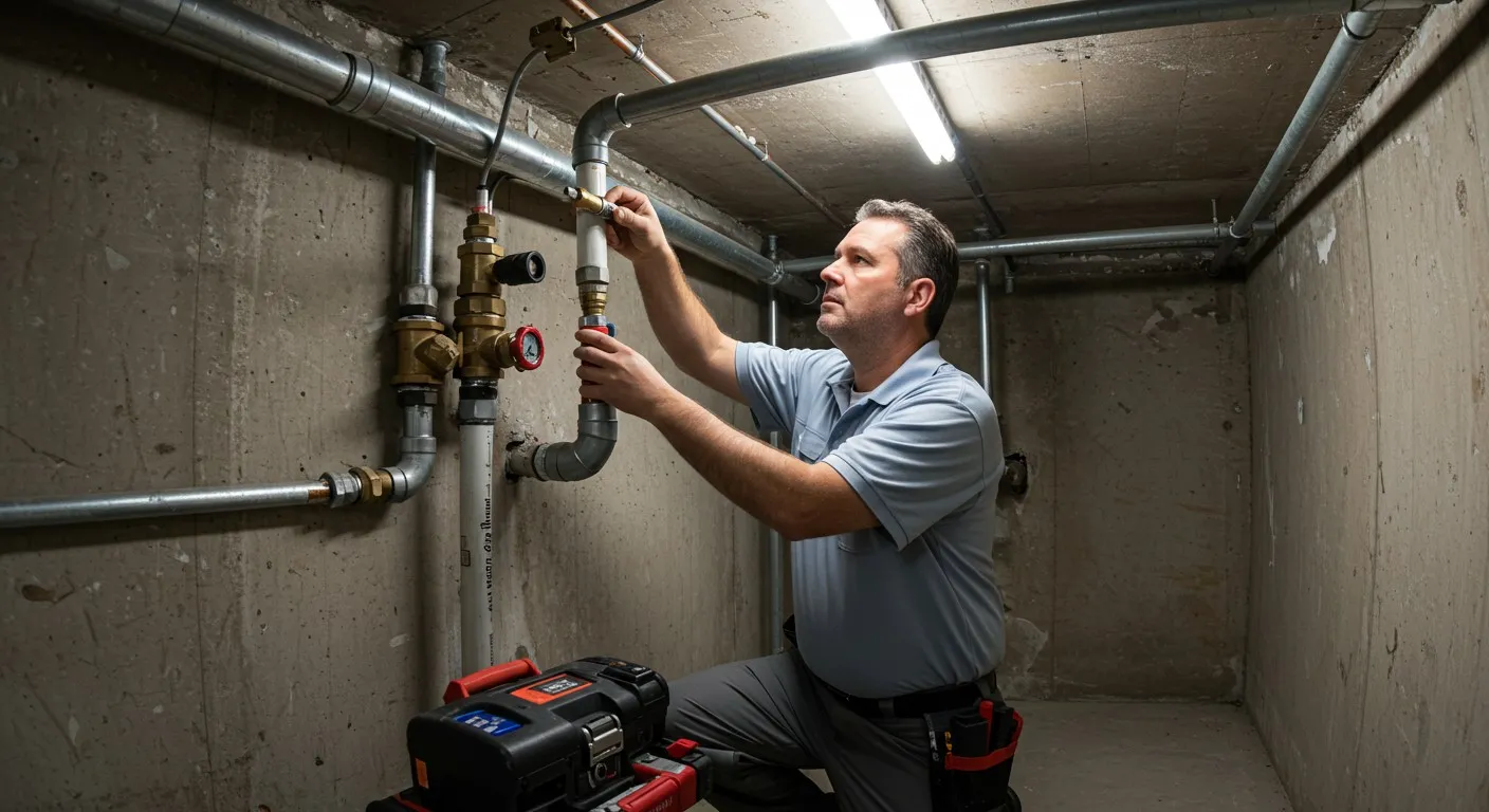 Man inspects pipes in a basement.