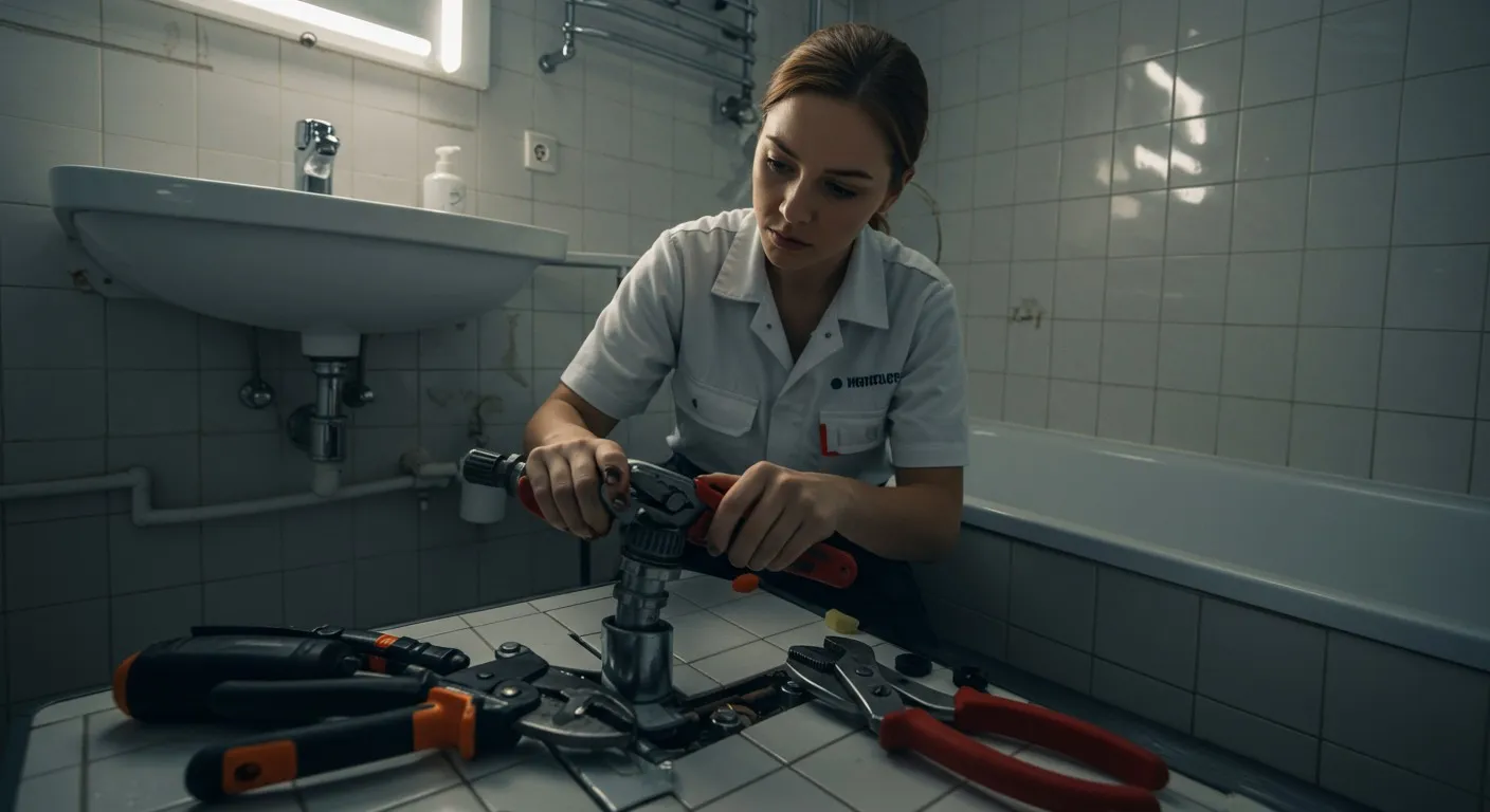Woman uses tools on bathroom pipes.