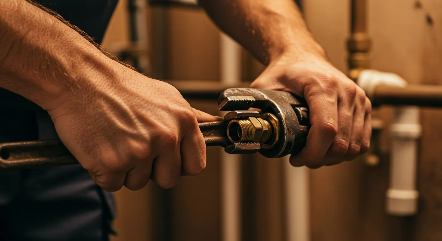 Man tightens pipe with two wrenches.