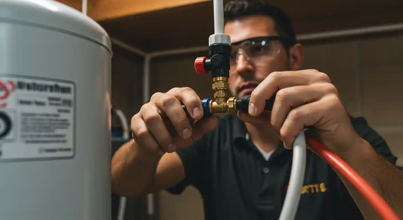 A technician wearing safety glasses and a black polo shirt, connecting a brass fitting to a water pipe. He is holding the fitting with both hands and appears to be tightening it. A large, gray cylindrical water softener tank is visible to the left. A red and a white hose are connected to the fitting, and a red valve handle is visible on top of it. The background is blurred, showing a wooden ceiling.