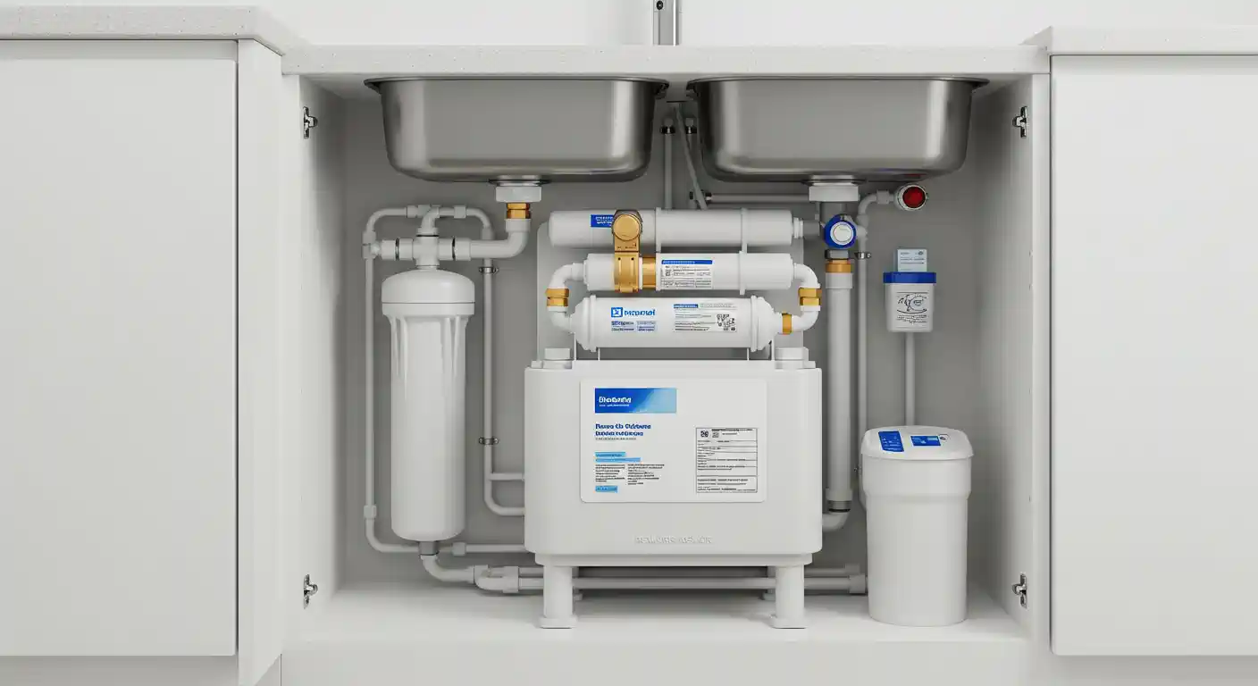 A low-angle shot shows a white reverse osmosis water filtration system installed neatly under a kitchen sink. The system is mounted on the floor of the cabinet, directly below a double-basin stainless steel sink with visible plumbing.