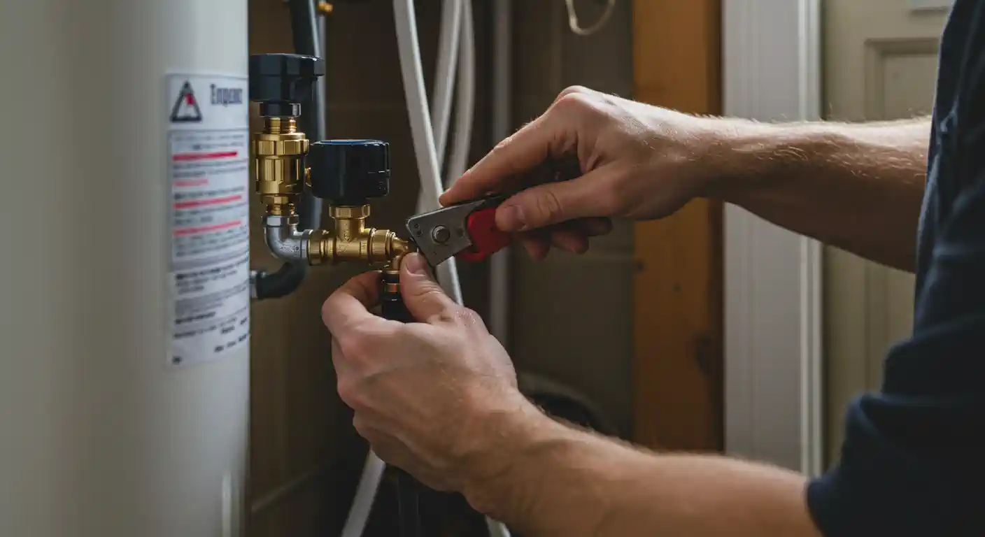 A close-up of a person's hands shows them working on the plumbing of a large, white water softener or heater tank. The person uses a small, red and silver tool to tighten a brass fitting on a complex cluster of pipes and valves attached to the side of the tank. The tank has a red warning label on it. The background is a blurry utility room with white walls and a door frame.