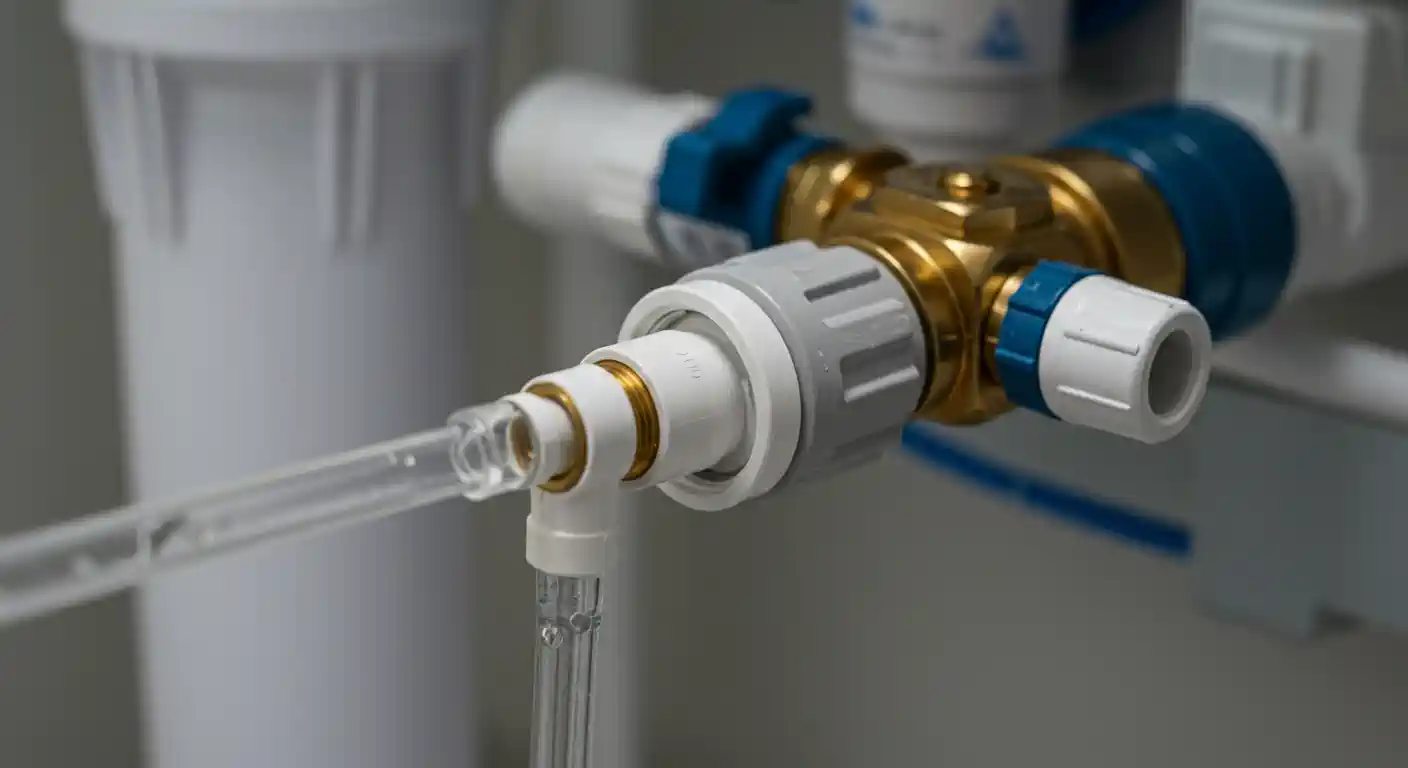 A close-up, angled shot shows the plumbing connections of a reverse osmosis water filtration system. A clear plastic tube with water flowing through it connects to a T-fitting