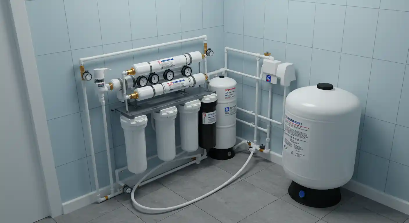 A detailed shot of a multi-stage reverse osmosis filtration system in a clean utility room with light blue tiled walls.