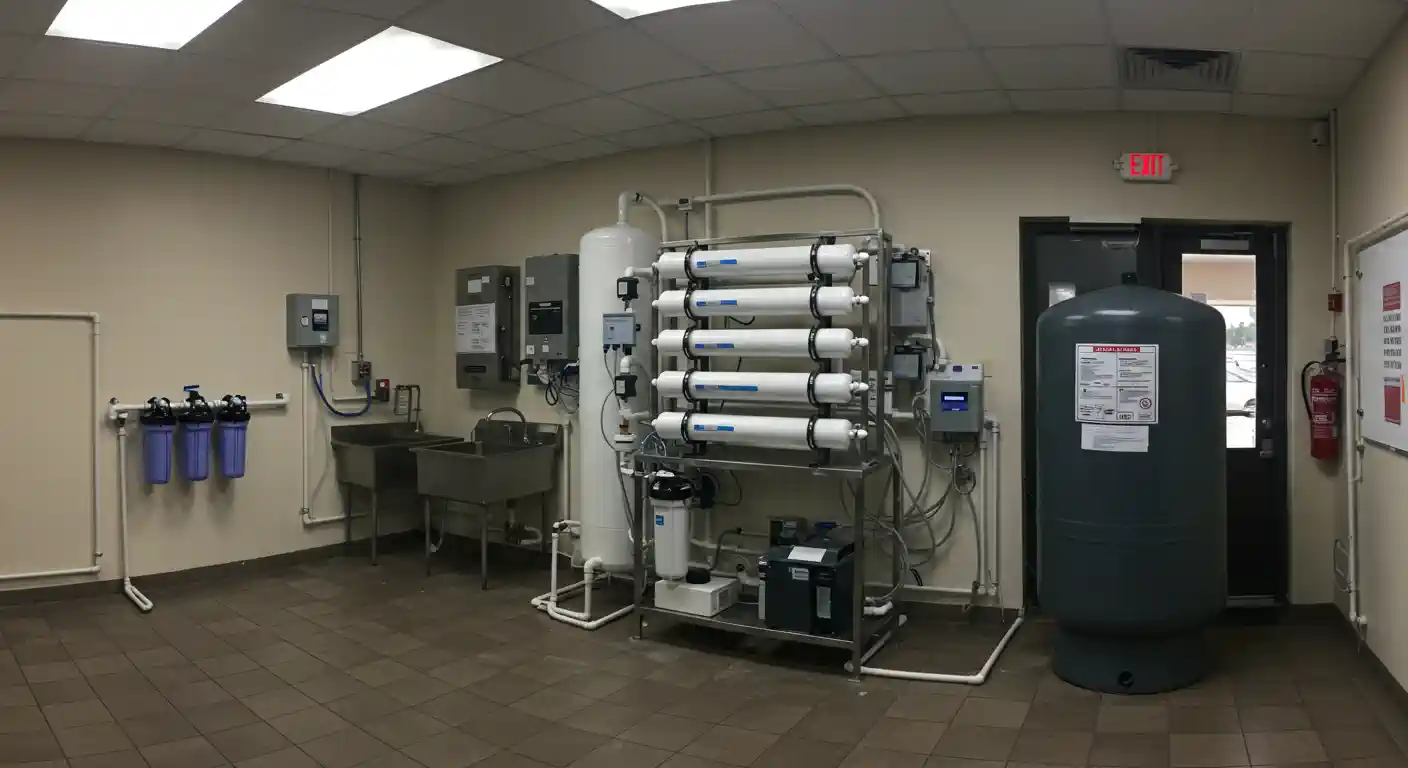 A panoramic view of an industrial or commercial reverse osmosis water filtration system. The main system stands in the center, featuring multiple large, horizontal membrane housings on a stainless steel frame