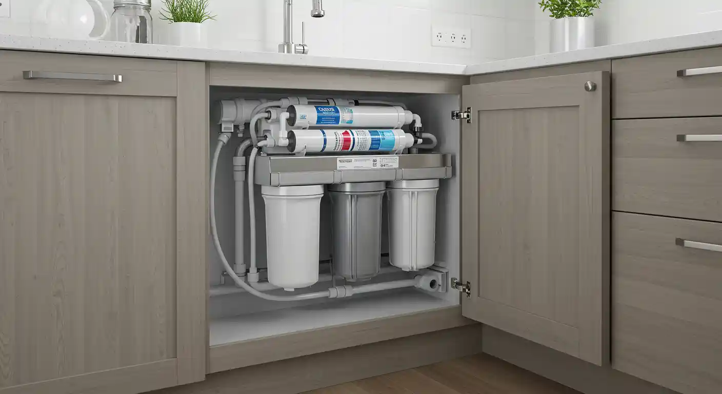 A clear, eye-level shot of a multi-stage reverse osmosis water filtration system installed neatly under a kitchen sink.