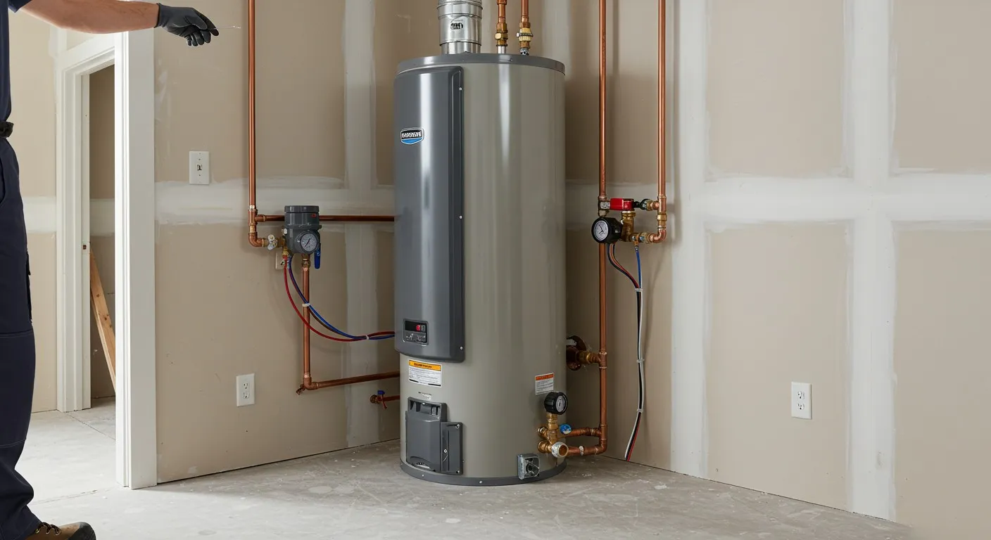 Man inspecting a newly installed water heater.