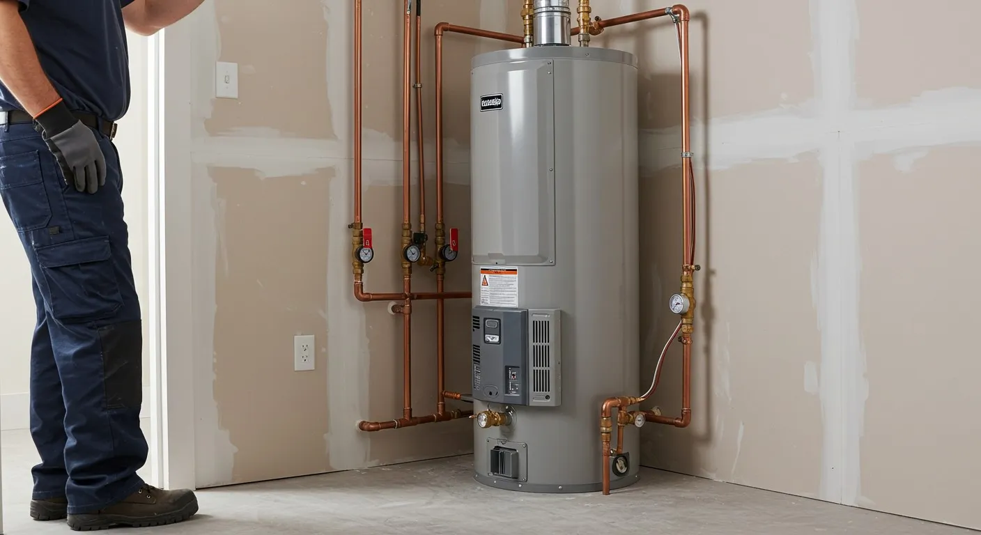 Man stands by a water heater.