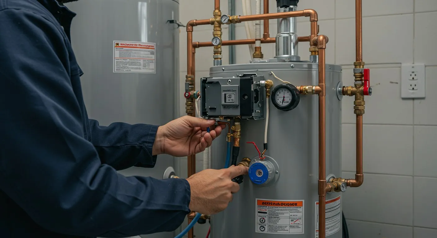 Man working on water heater pipes.