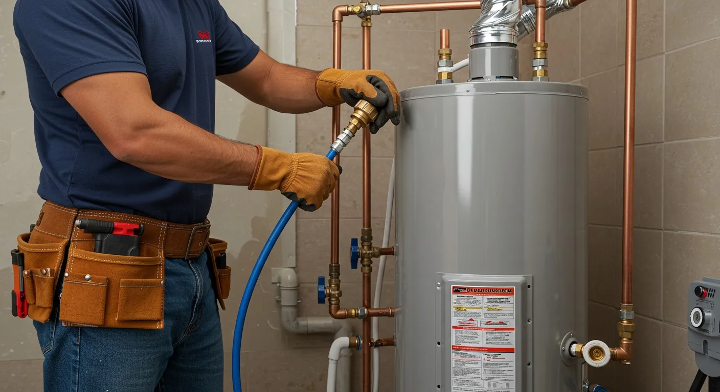 Man installs hose on water heater.