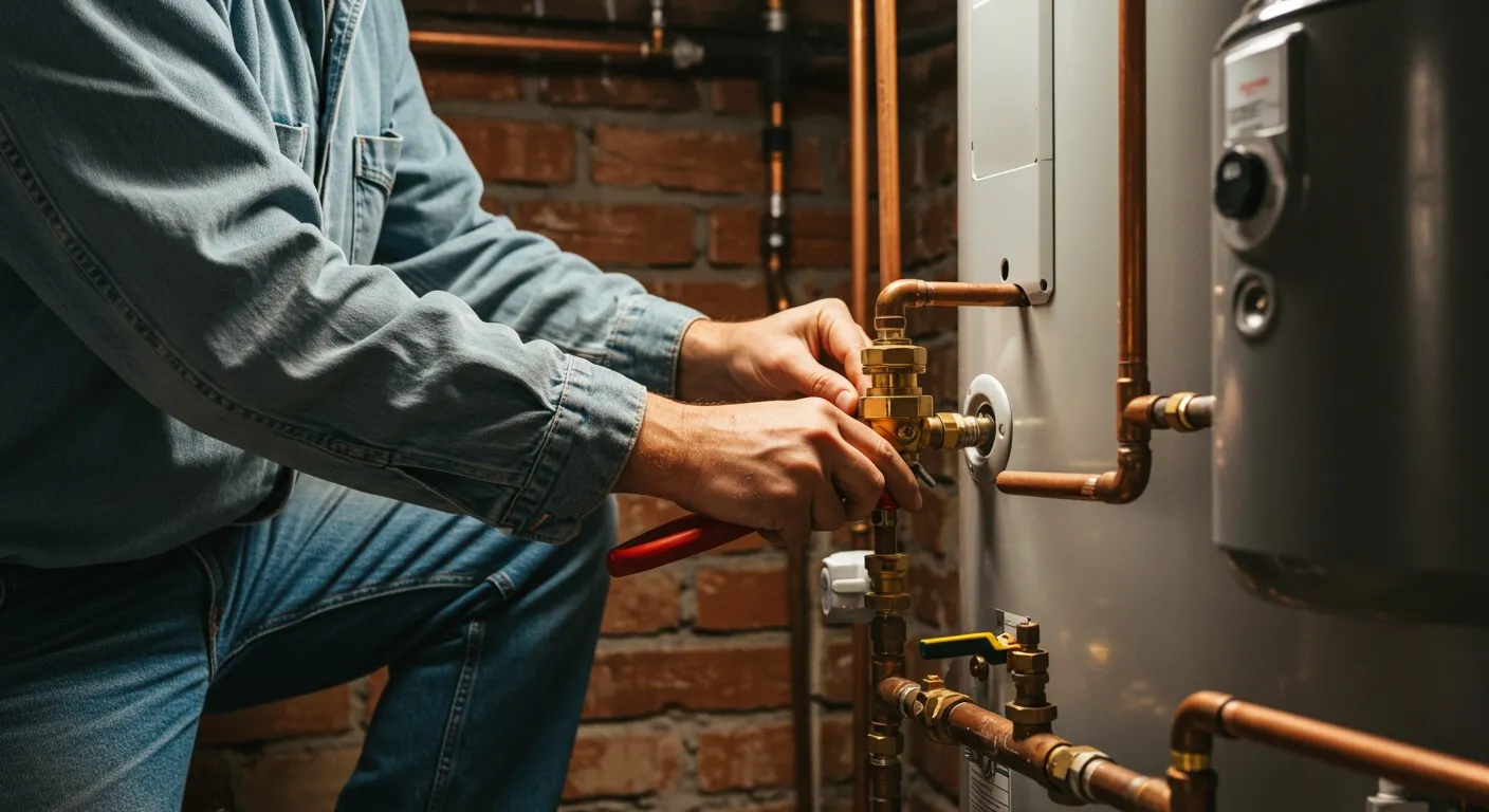 Man tightening water heater pipe fitting.