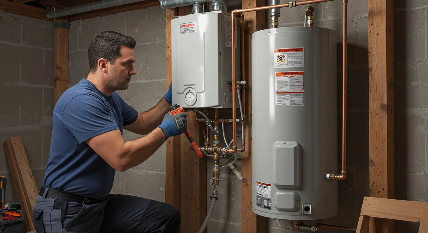 Man installing tankless and tank water heaters.