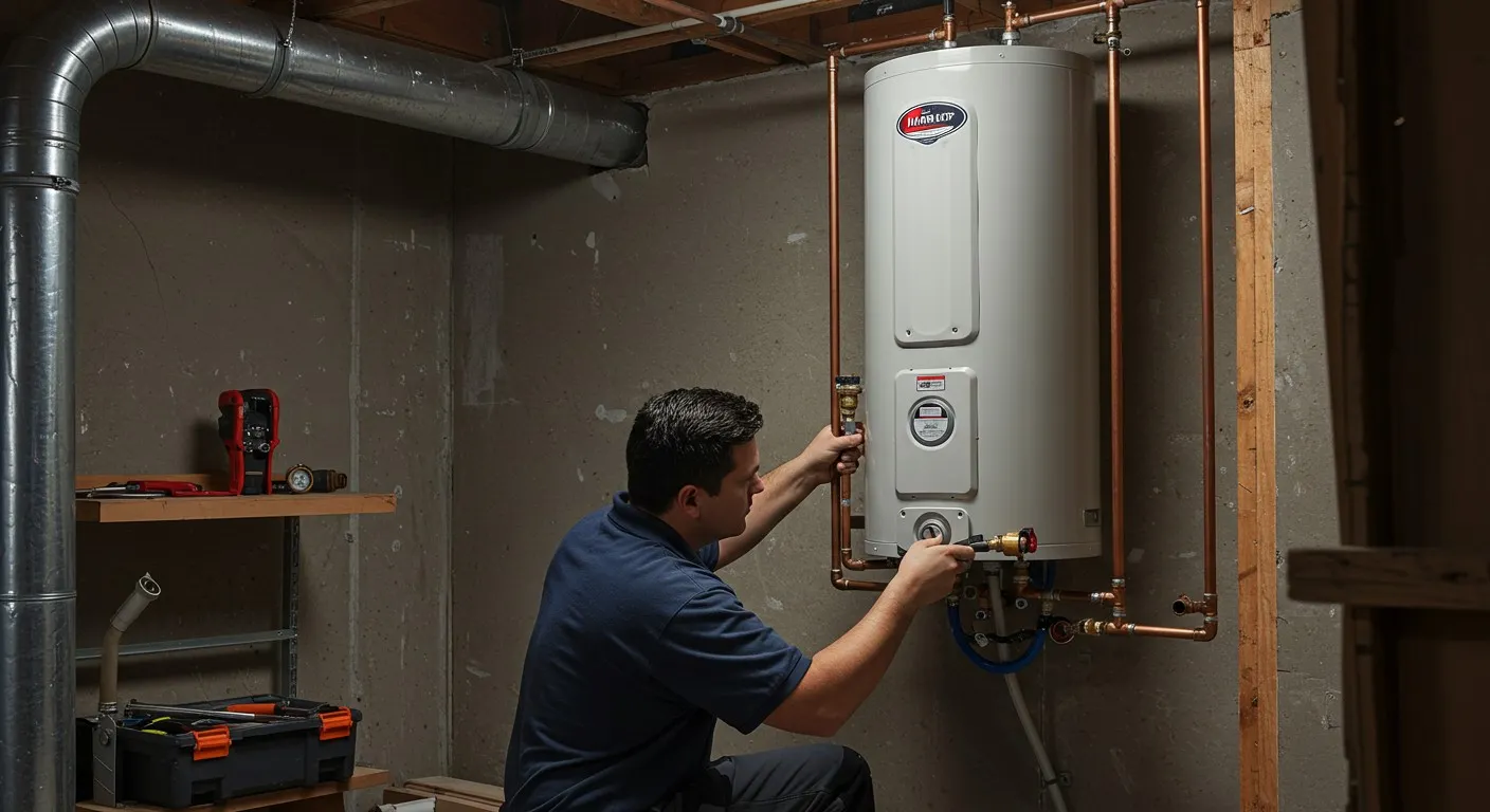 Man works on water heater pipes.