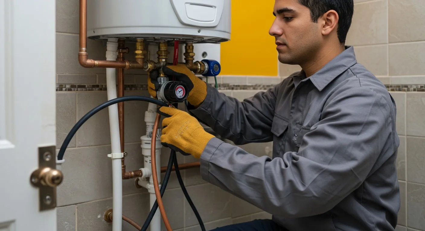 Man works on water heater pipes.