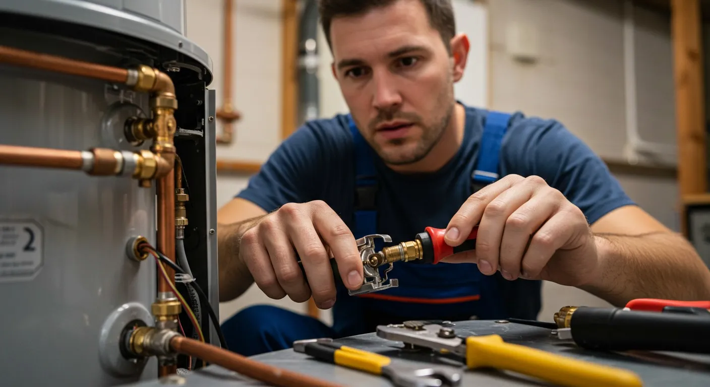 Man fixing pipes on water heater.