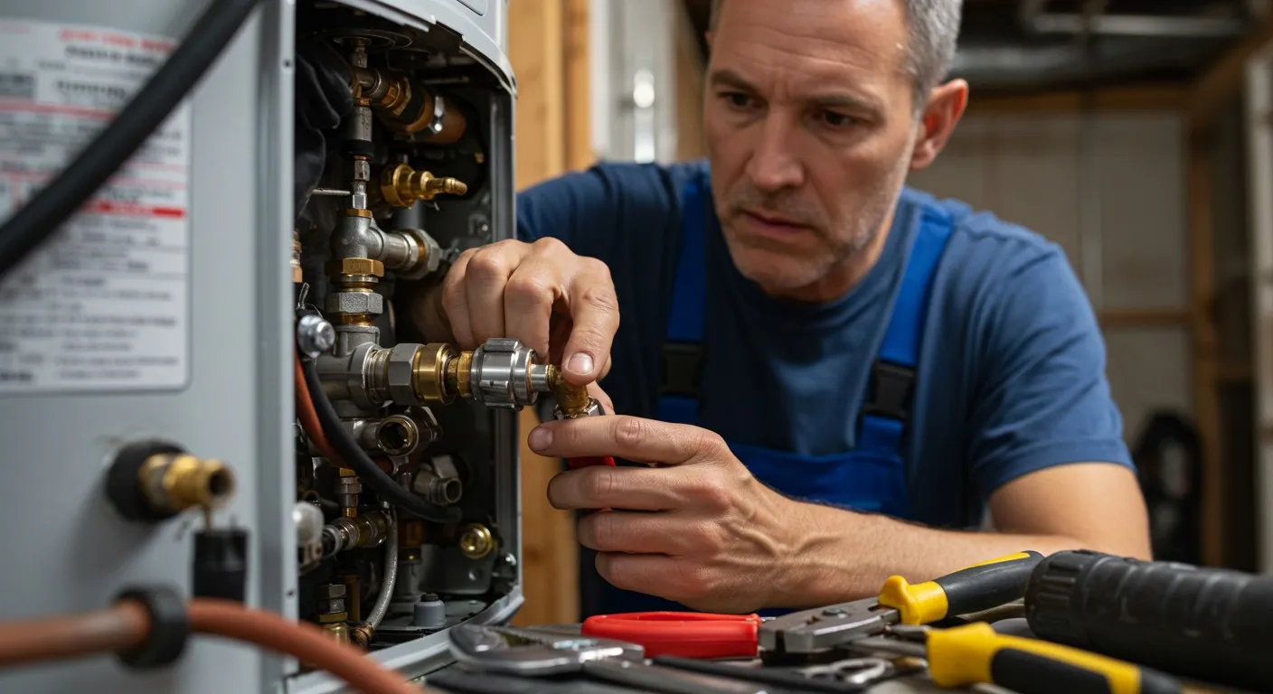 Man repairs pipes on tankless heater.