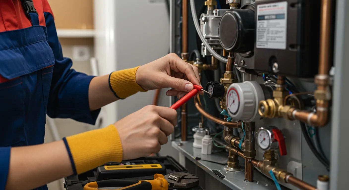 Technician adjusts pipes on heater.