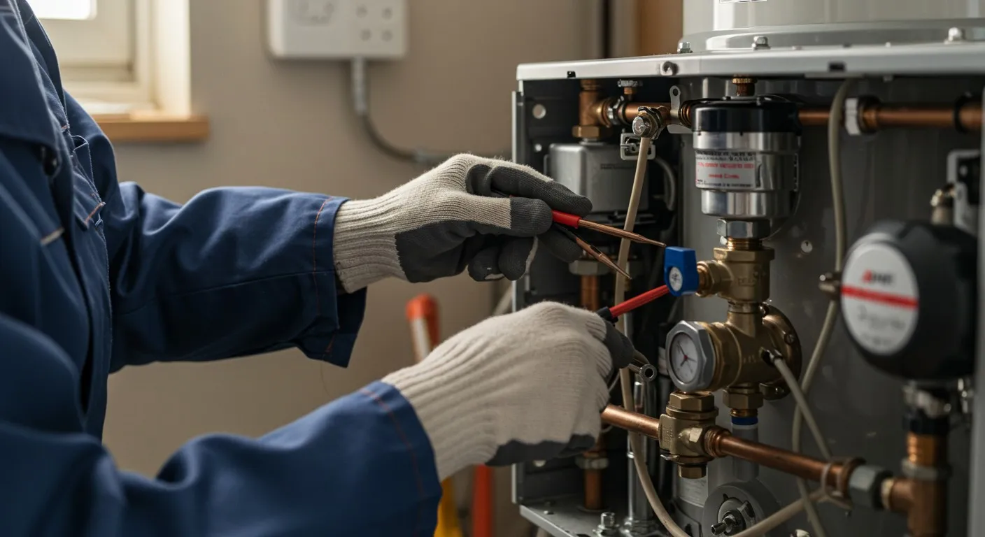 Man adjusts wires on water heater.