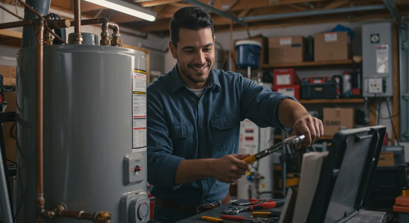 Man working on water heater.