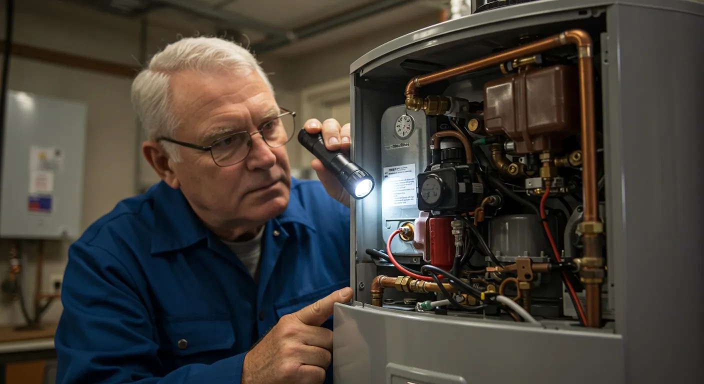 Man inspecting boiler with flashlight.