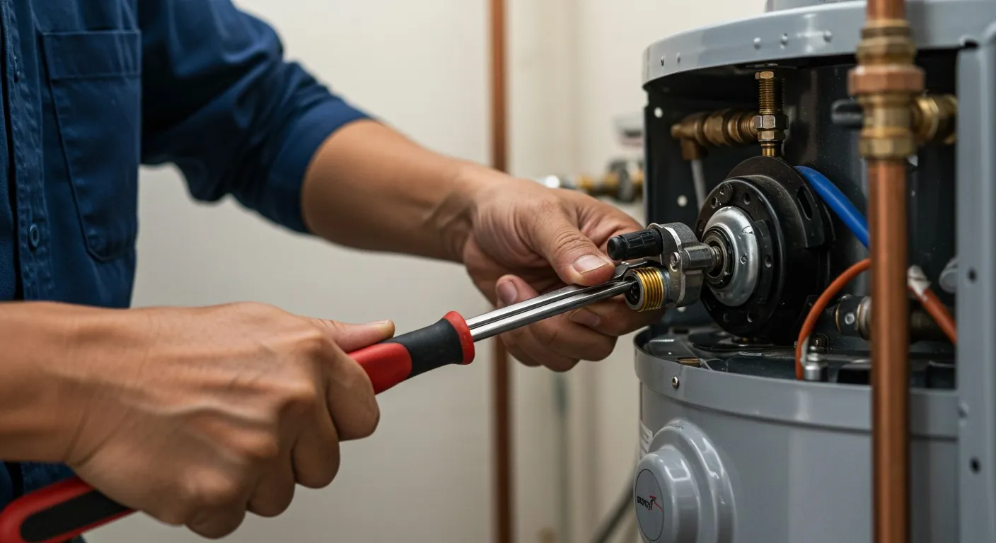 Man's hands repairing boiler with wrench.