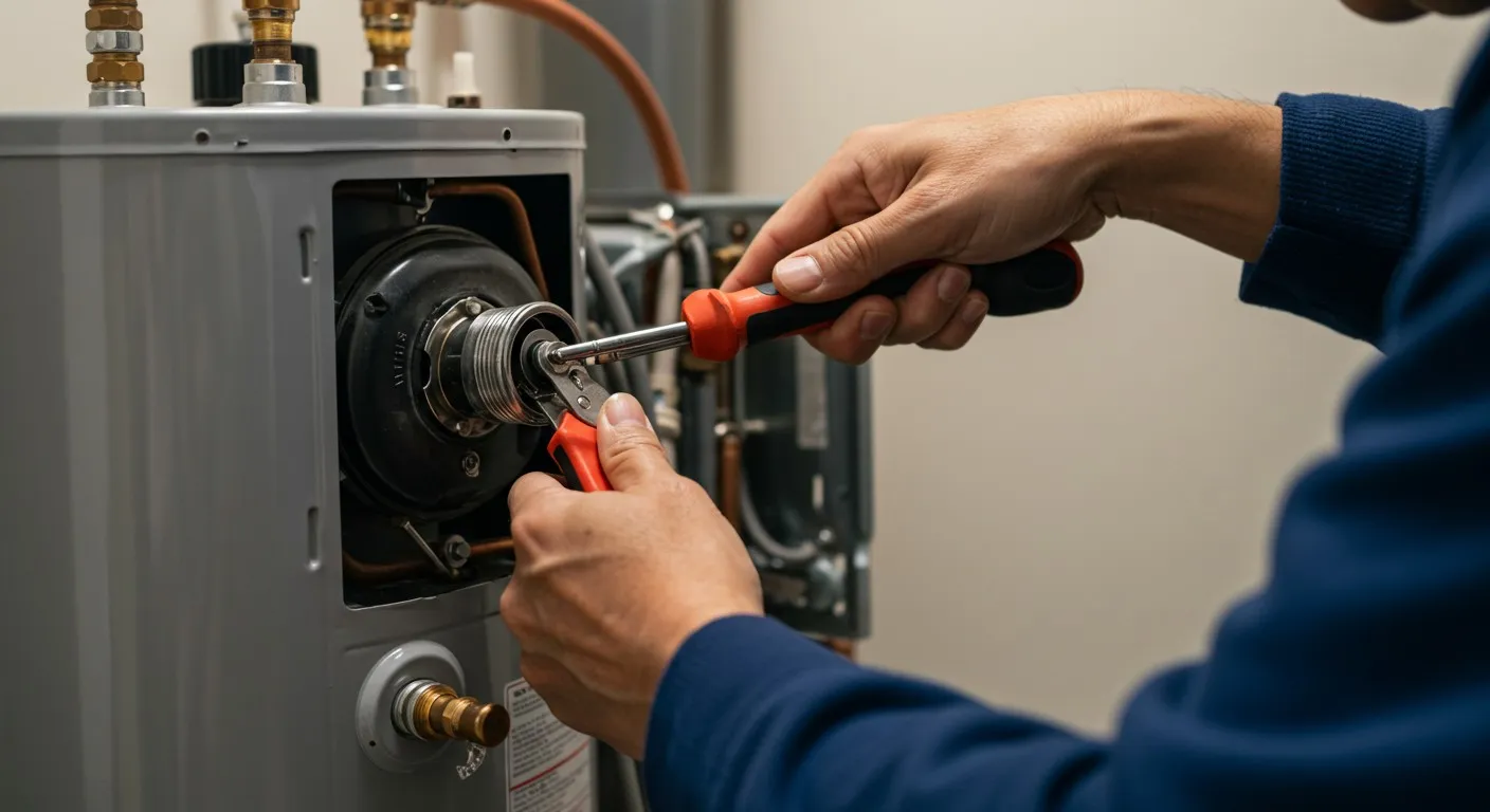 Man fixing boiler with two tools.
