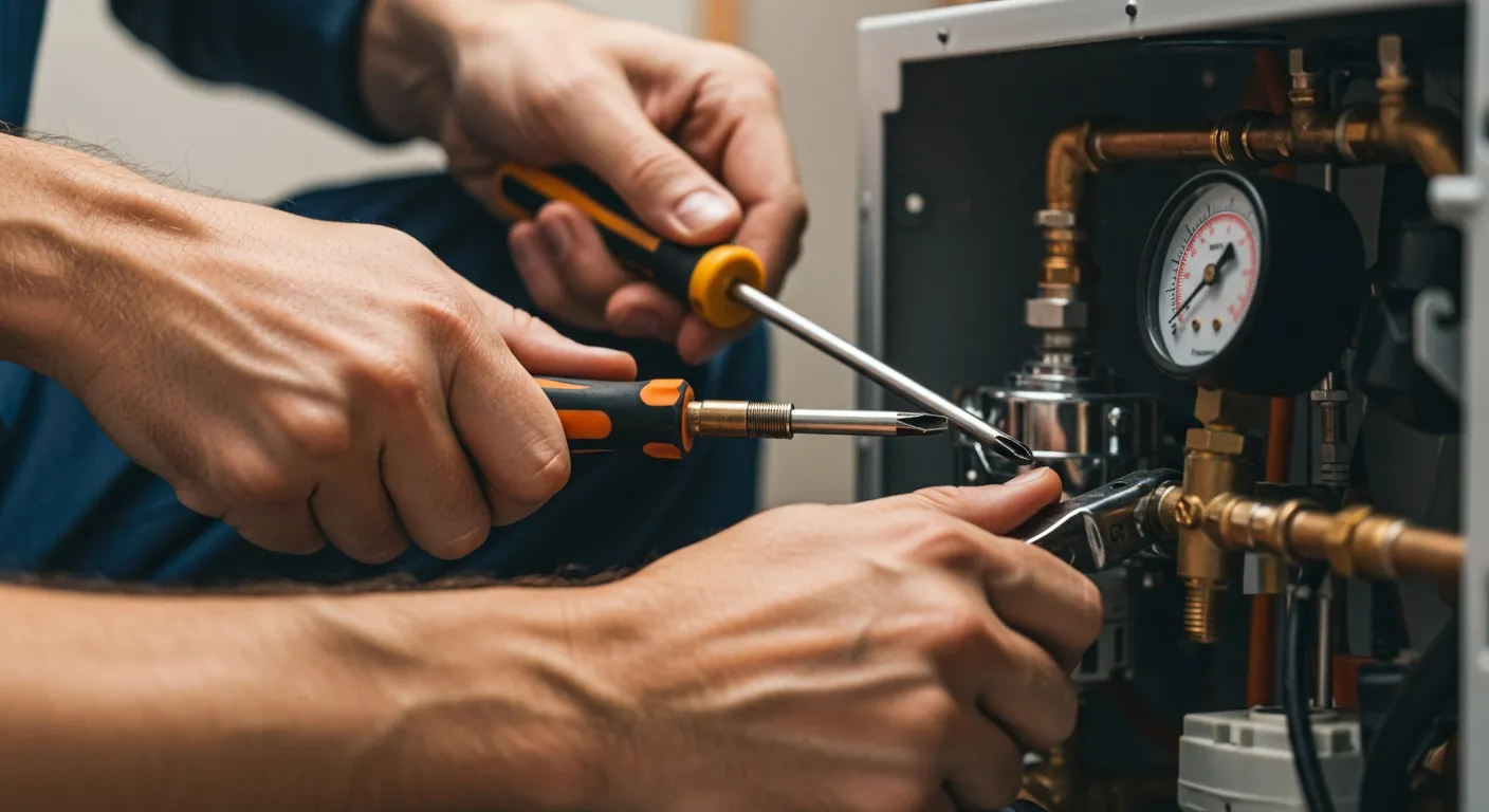 Man repairing boiler with screwdriver and wrench.