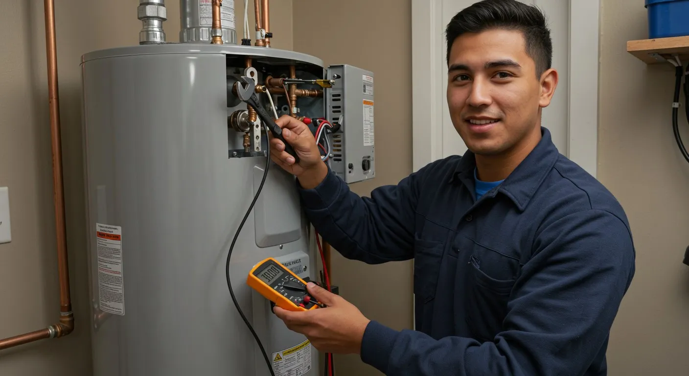 Young plumber smiling while fixing water heater.