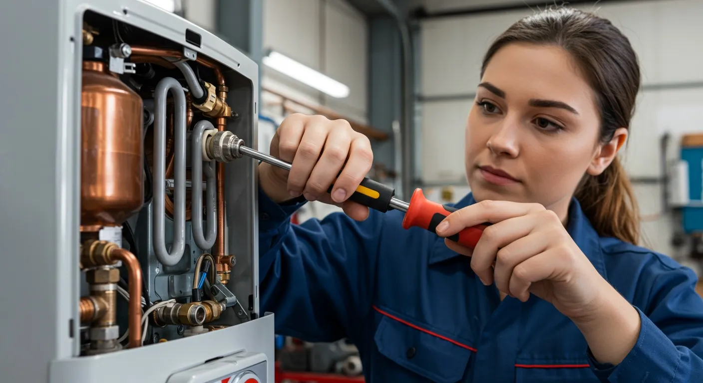 Woman using wrench to repair boiler.