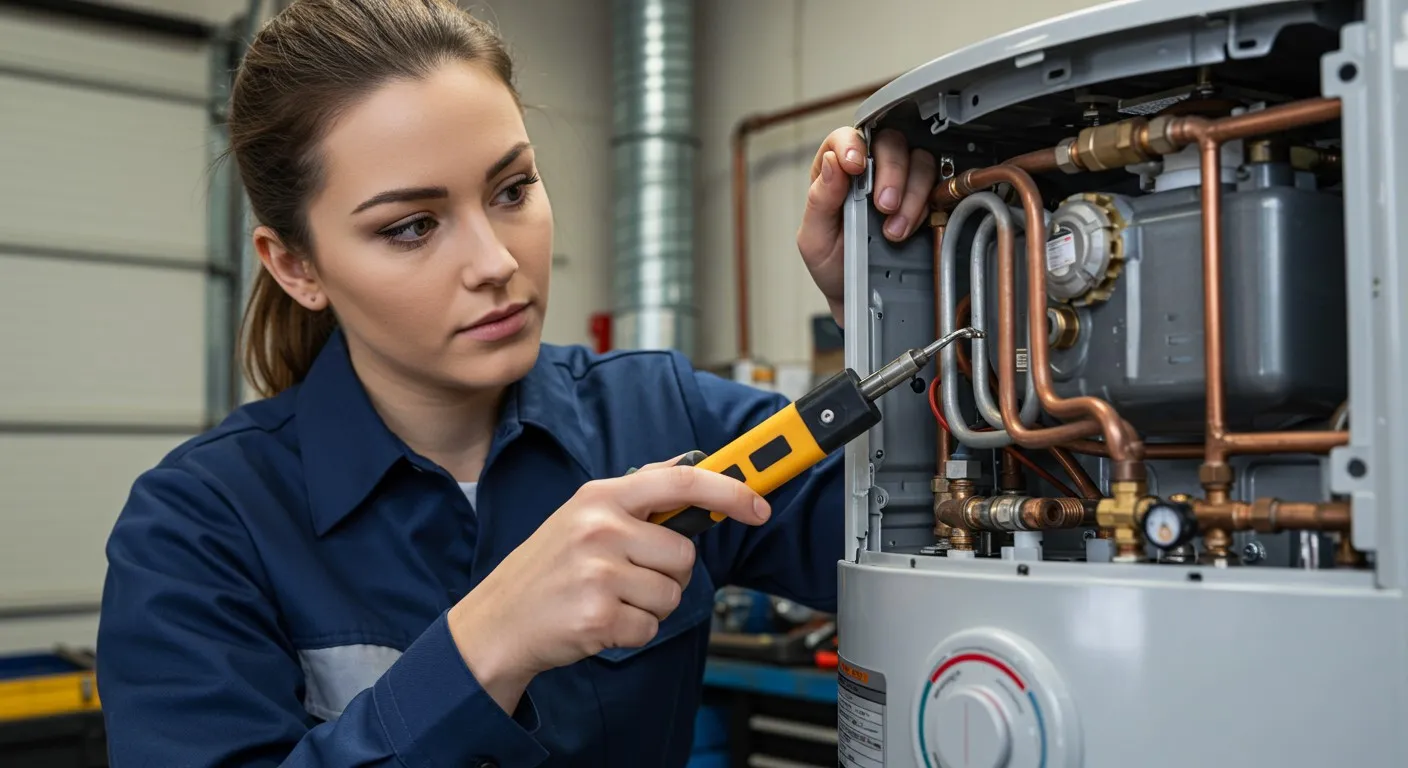 Woman repairing a boiler component.